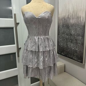 Strapless Silver Ruffled Tiered Mini Dress
